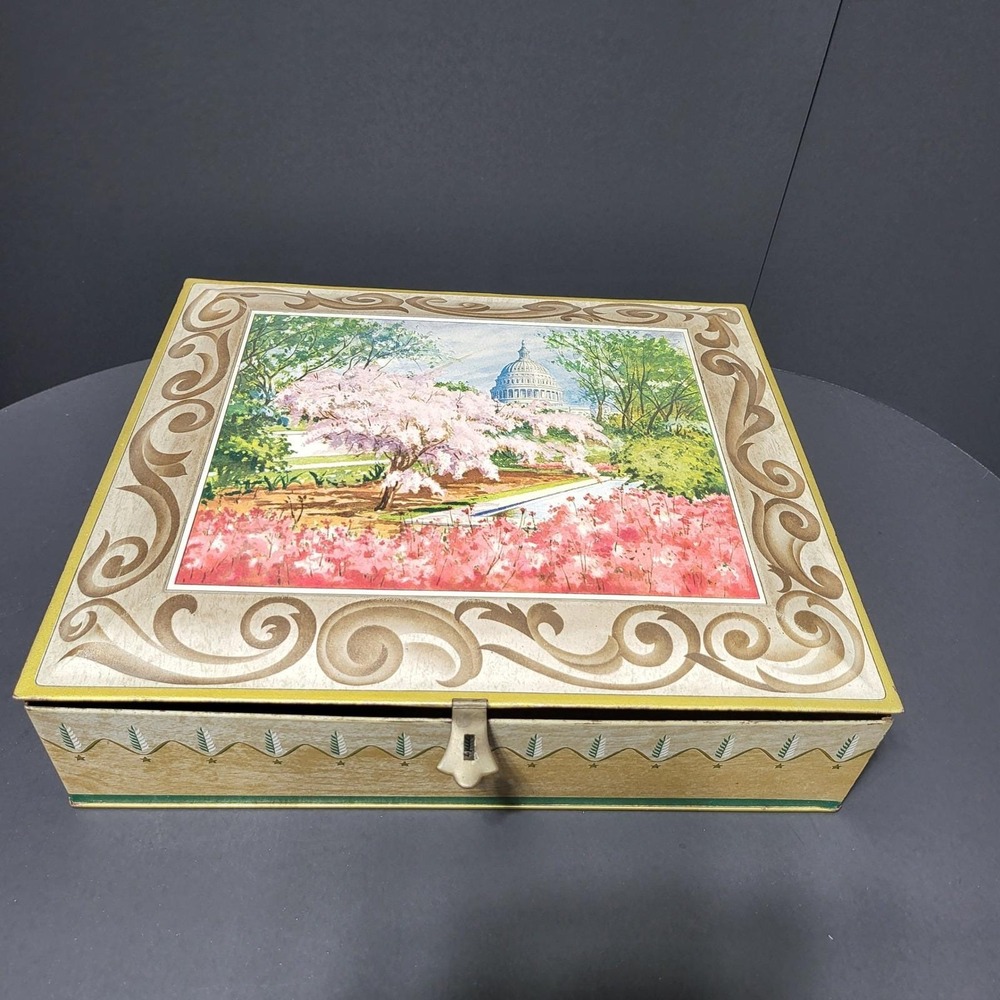 Vintage Sunshine Biscuits Tin US Capitol Cherry Blossoms 12in‎ Square" Empty"